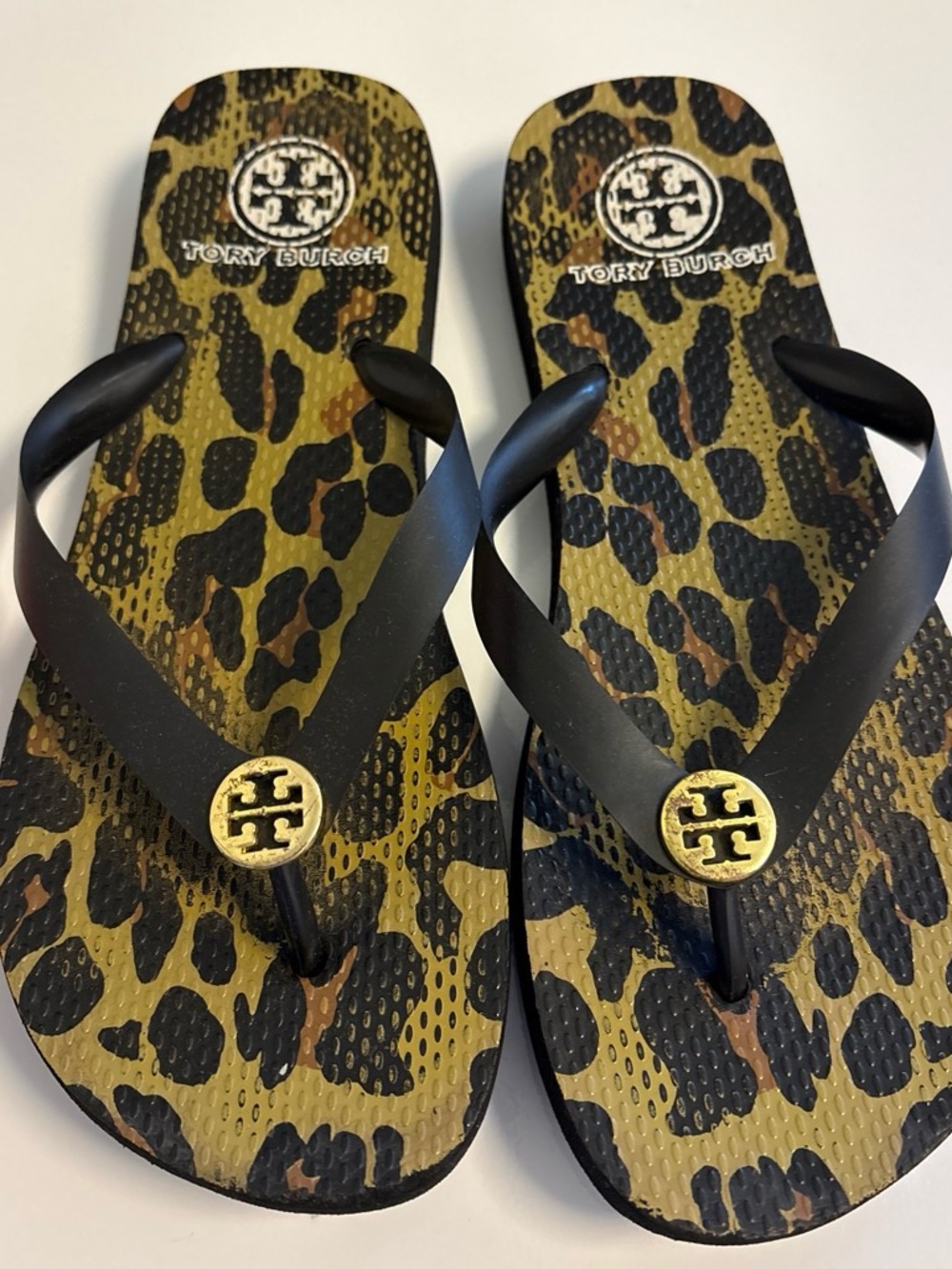 Tory Burch Ladies Leopard-Print Flip Flops with Black Straps & Gold Logo